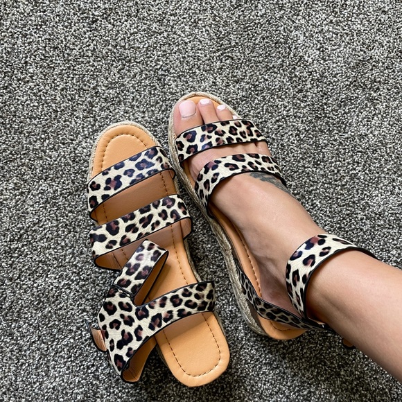 Leopard Ankle Strap Espadrille Wedge Sandals - Picture 2 of 5